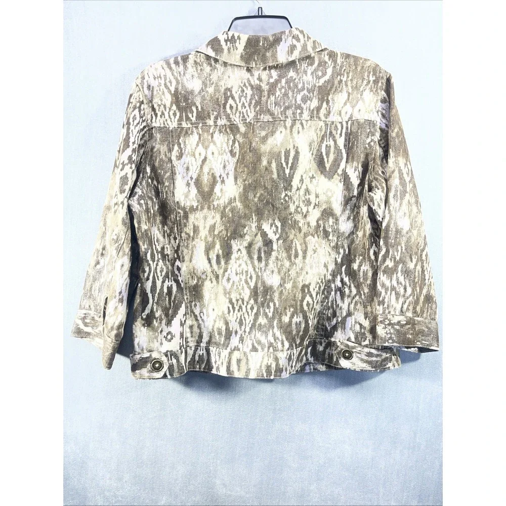 CHICO'S 3/4 Sleeve Jacket Brown Beige Print Linen Blend Size 1 NWT